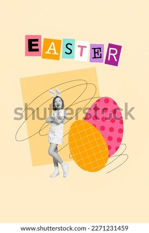 Magazine festive creative template collage of funny small kid girl crossing hand advertise easter shopping sale painting eggs