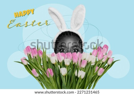 Creative retro 3d magazine collage image of funny funky lady hiding behind bunch wear easter headband isolated painting background
