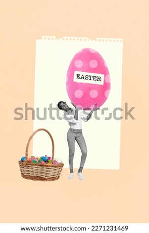 Collage photo image invitation picture banner of positive girl presenting big size dotted print egg isolated on drawing background