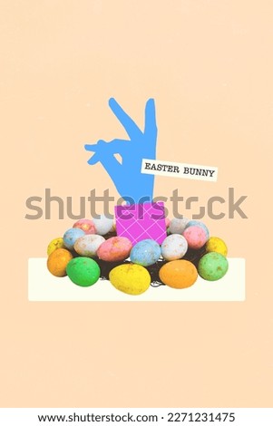 Collage 3d photo greeting picture card brochure of human arm collect colorful eggs isolated on drawing background Royalty-Free Stock Photo #2271231475