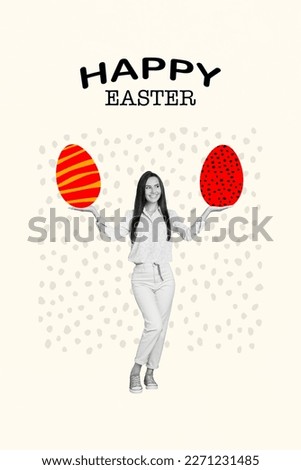 Vertical photo invitation card brochure poster collage of beautiful lady presenting big decorated eggs isolated on drawing background