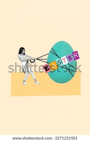 Collage vertical 3d photo image invitation brochure banner of persistent girl pulling big blue color egg isolated on drawing background