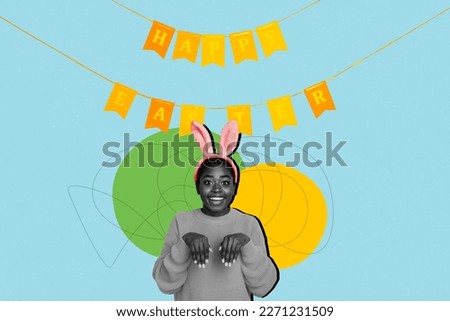3d retro creative collage artwork template of funny funky lady wear easter bunny ears having fun isolated painting background