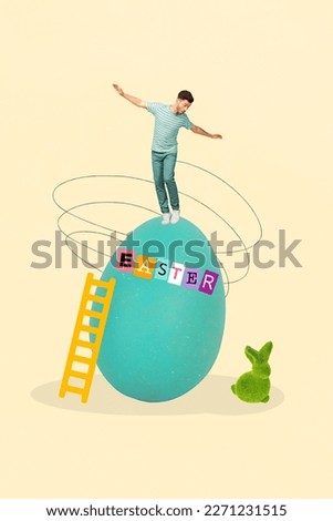 Vertical collage photo 3d image sketch invitation brochure of funky carefree guy standing on big size colorful egg painted doodle