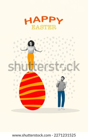 Collage vertical 3d photo image invitation brochure card of crazy girl guy stand big colored chocolate egg isolated on painted background