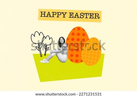 Collage 3d photo artwork invitation card brochure banner of lovely glad lady sitting near big colored eggs isolated on drawing background