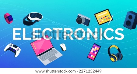 Electronics text and assorted devices floating, technology and innovation concept Royalty-Free Stock Photo #2271252449