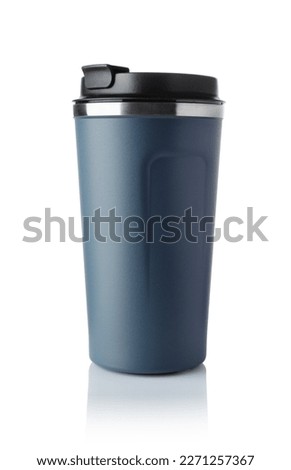 Blue modern plastic closed thermo mug isolated on white. Royalty-Free Stock Photo #2271257367