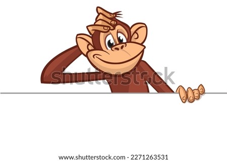 Cartoon monkey chimpanzee holding blank empty white paper or placard for menu or greetings. Vector illustration of happy monkey character