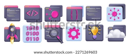3D code icon set, abstract api, technology computer design, vector business programming frame. Java web development html concept, UI program interface window. 3D code graphic website clipart Royalty-Free Stock Photo #2271269603