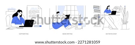 Editorial services abstract concept vector illustration set. Copywriting and copyediting remote job, book writing, editor in chief and publishing service, self-employed people abstract metaphor. Royalty-Free Stock Photo #2271281059