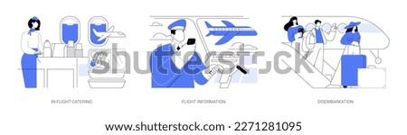 On the plane abstract concept vector illustration set. In-flight catering, flight attendant offers food and drinks, pilot talking to passengers, disembarkation airport abstract metaphor. Royalty-Free Stock Photo #2271281095