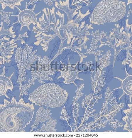 Different types of shells and corals. Seamless pattern. Sea style. Underwater life. Luxurious drawing. Royalty-Free Stock Photo #2271284045