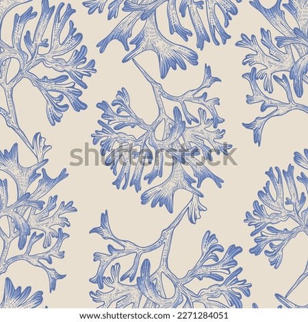 Sea corals on a beige background. Seamless pattern. Print for any surface. Linear drawing. Royalty-Free Stock Photo #2271284051