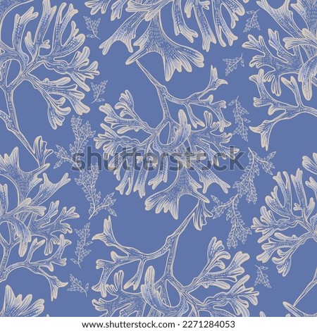 Sea corals on a blue background. Seamless pattern. Print for any surface. Linear drawing. Royalty-Free Stock Photo #2271284053
