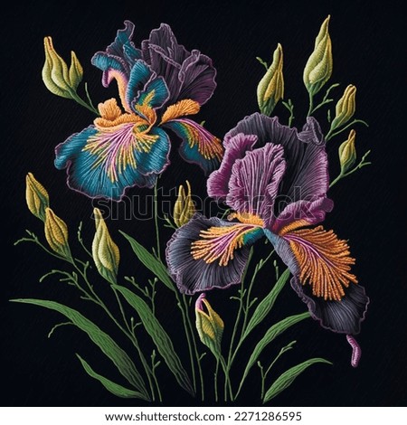 3d iris flowers. Tapestry surface colorful iris flowers, buds, leaves pattern. Embroidery floral vector illustration with beautiful stitch textured iris flowers. Stitching lines 3d texture. Plants. Royalty-Free Stock Photo #2271286595