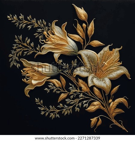 3d lilies. Tapestry gold lily flowers, buds,branch, leaves pattern. Gold work embroidery floral vector background illustration with beautiful stitch textured lilies. Surface stitching texture. 