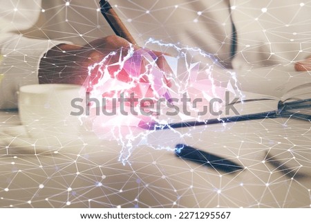 Brain multi exposure icon with man hands background. Concept of learning.