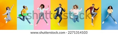 Cheerful People. Set Of Happy Multiethnic Males And Females Jumping On Colorful Backgrounds, Diverse Young Joyful Men And Women Having Fun And Expressing Positive Emotions, Collage, Panorama