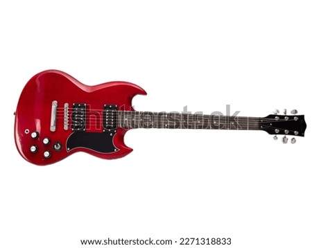 Red electric guitar isolated on white background. Musical instrument guitar. Close-up. Royalty-Free Stock Photo #2271318833
