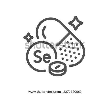 Selenium mineral line icon. Chemical element Se sign. Capsule or pill symbol. Quality design element. Linear style selenium mineral icon. Editable stroke. Vector Royalty-Free Stock Photo #2271320063