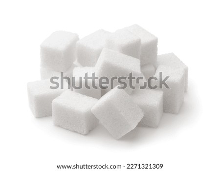 Pile of white refined sugar cubes isolated on whit Royalty-Free Stock Photo #2271321309