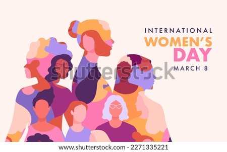 International Women's Day banner concept. Vector flat modern illustration of three female silhouettes of different nationalities, consisting of a pattern of abstract diverse female portraits Royalty-Free Stock Photo #2271335221