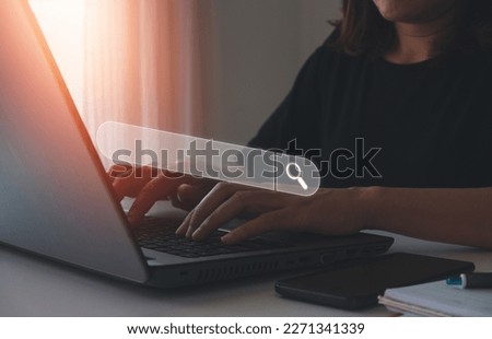 job search concept, find your career, woman looking at online website. Searching Browsing Internet Data Information with blank search bar. Businesswoman working with laptop computer on desk in office.