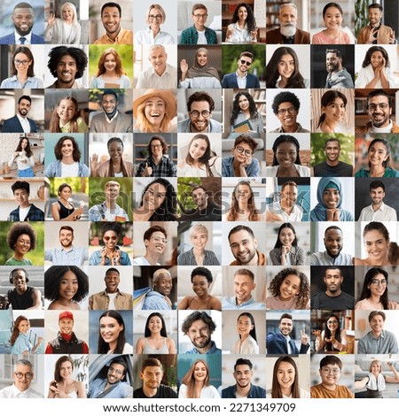 Diversity concept. Mosaic of happy multiracial people men different ages posing outdoors and indoors, smiling at camera, showing positive emotions, collage, set of closeup photos
