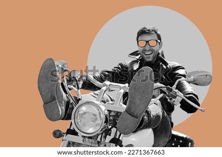 Digital collage with a biker man in black leather jacket sitting on motorcycle	