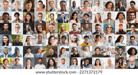 Beautiful multiracial people happy men and women, children different ages, styles, occupations posing on various backgrounds, smiling at camera, panorama, collage for international community Royalty-Free Stock Photo #2271372179