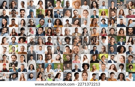 Nice multicultural people enjoying life, positive men and women different ages, children, teenagers posing indoors and outdoors, set of positive candid photos, creative collage Royalty-Free Stock Photo #2271372213