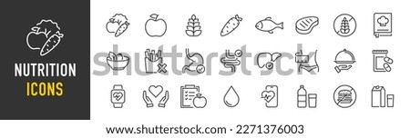 Nutrition web icon set in line style. Treatment, healthy food, health, diet, obesity, palm oil free, collection. Vector illustration. Royalty-Free Stock Photo #2271376003