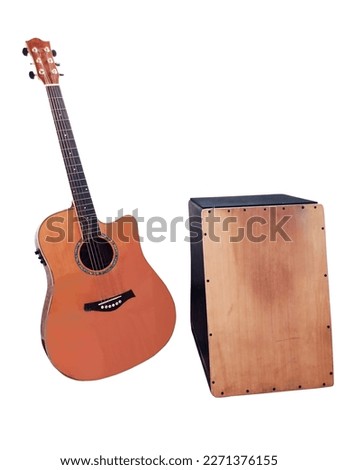 acoustic guitar with cajon on white background