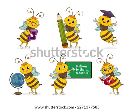 Set of cute learning bees. Wasp mascot with book, globe, pencil, chalk board and graduation cap. Back to school. Education and study. Cartoon flat vector collection isolated on white background