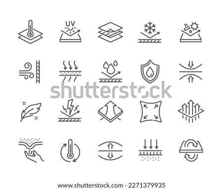 Set of Simple Fabric Properties Icons. Waterproof, breathable, elastic, organic material for clothing and textiles. Editable Stroke. Cartoon linear vector collection isolated on white background Royalty-Free Stock Photo #2271379935