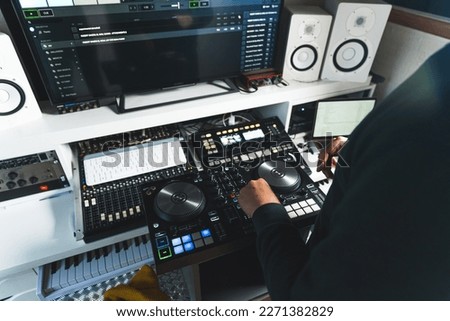 full shot of sound and audio recording and mixing device in a home studio. High quality photo