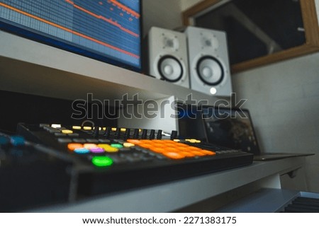 sound synthesizer, speaker and MIDI sequencer, home studio. High quality photo