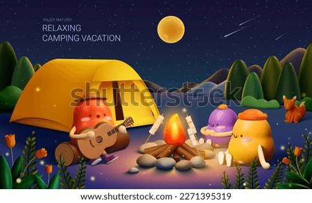 3D camping poster. cute characters sitting beside campfire toasting marshmallow in nature on beautiful night sky with moon and stars. Royalty-Free Stock Photo #2271395319