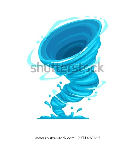 Cartoon tornado storm, cyclone hurricane or whirlwind twister, vector wind funnel. Blue tornado swirl or typhoon windstorm, cartoon thunderstorm hurricane twist with windy twirl of air vortex Royalty-Free Stock Photo #2271426613