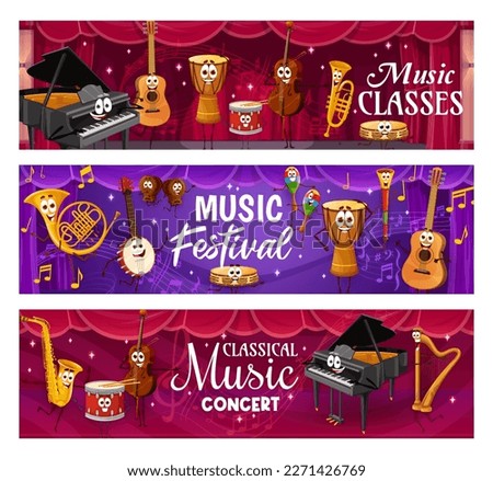 Cartoon musical instrument characters. Live music festival, party and concert banners with vector piano, guitar, drums and saxophone, violin, harp, trumpet and banjo personages, happy faces and notes