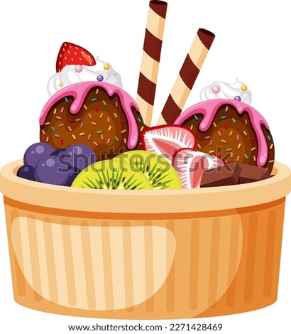 Ice cream sundae with fruit toppings illustration
