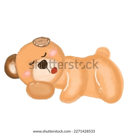 Watercolor teddy bear sleeping gesture. Perfect for kids fabric, textile, nursery wallpaper.