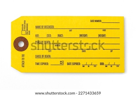 Yellow Dead Body Identification Tag used by attaching to toe Isolated on white background with shadow. Royalty-Free Stock Photo #2271433659