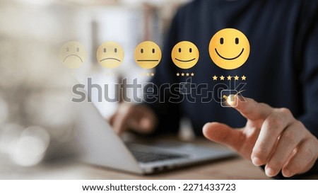 Customer Satisfaction Survey concept, 5-star satisfaction, service experience rating online application, customer evaluation product service quality, satisfaction feedback review, good quality most. Royalty-Free Stock Photo #2271433723