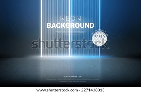 Large empty dark room  with concrete floor and blue white beam line neon light background. Vector illustration