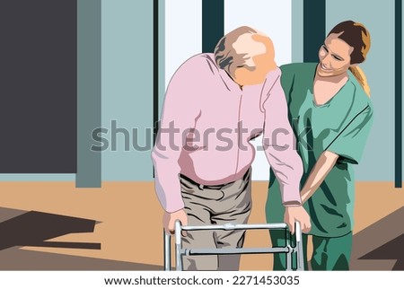 A caretaker helped lift an elderly man and walk on crutches. Caregiver with smiling face. Professional worker and elderly patient