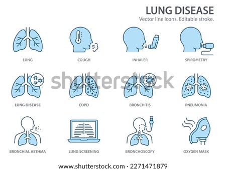 lung disease icons, such as bronchitis, bronchial asthma, spirometry and more. Vector illustration isolated on white. Editable stroke. Change to any size and any colour. Royalty-Free Stock Photo #2271471879