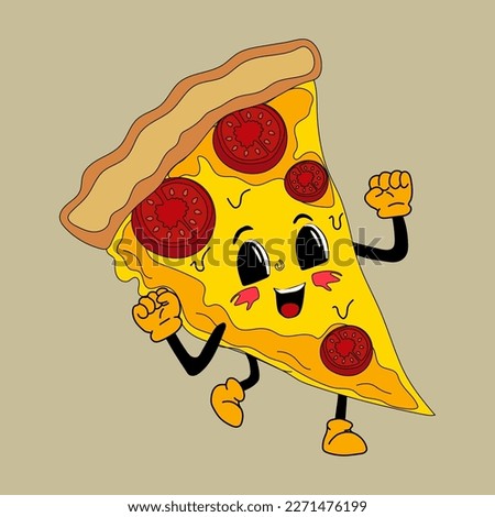 Cute Cartoon pizza character. Happy and cheerful emotions. Old animation 60s 70s, funny cartoon characters. Trendy illustration in retro style. 