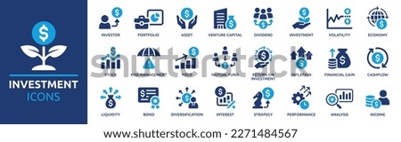 Investment icon set. Containing investor, mutual fund, asset, risk management, economy, financial gain, interest and stock icons. Solid icon collection. Royalty-Free Stock Photo #2271484567
